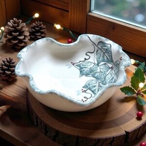 Ellis Pottery Holly Bowl VintageTexas Studio Pottery Scalloped Ceramic Stoneware